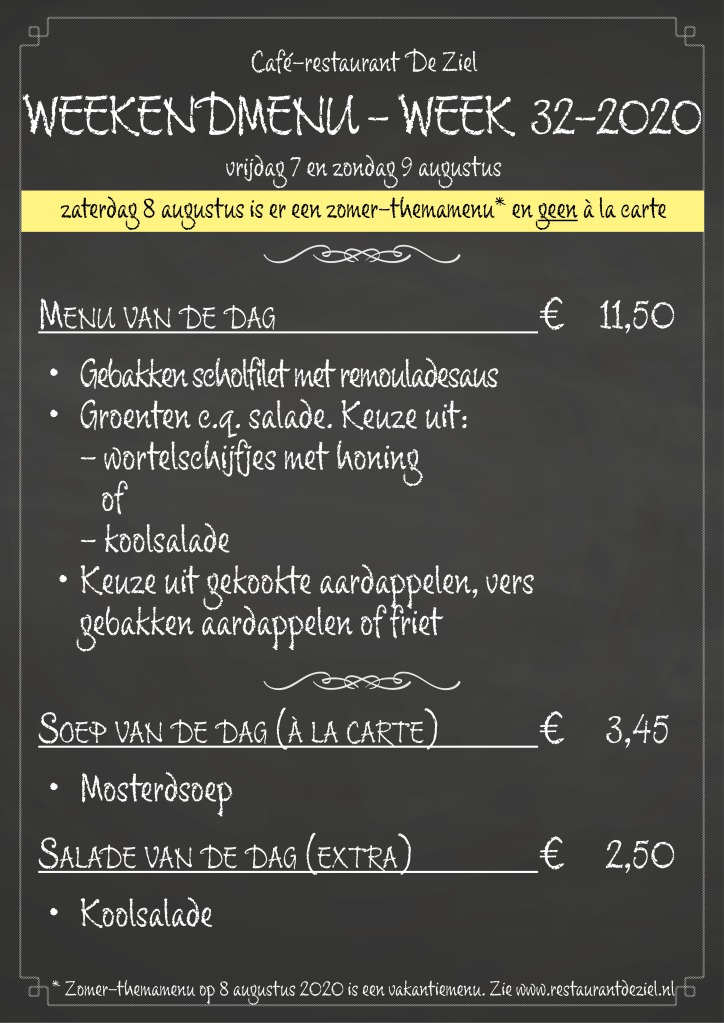 Café-restaurant De Ziel, Almere, weekendmenu, menukaart, menu