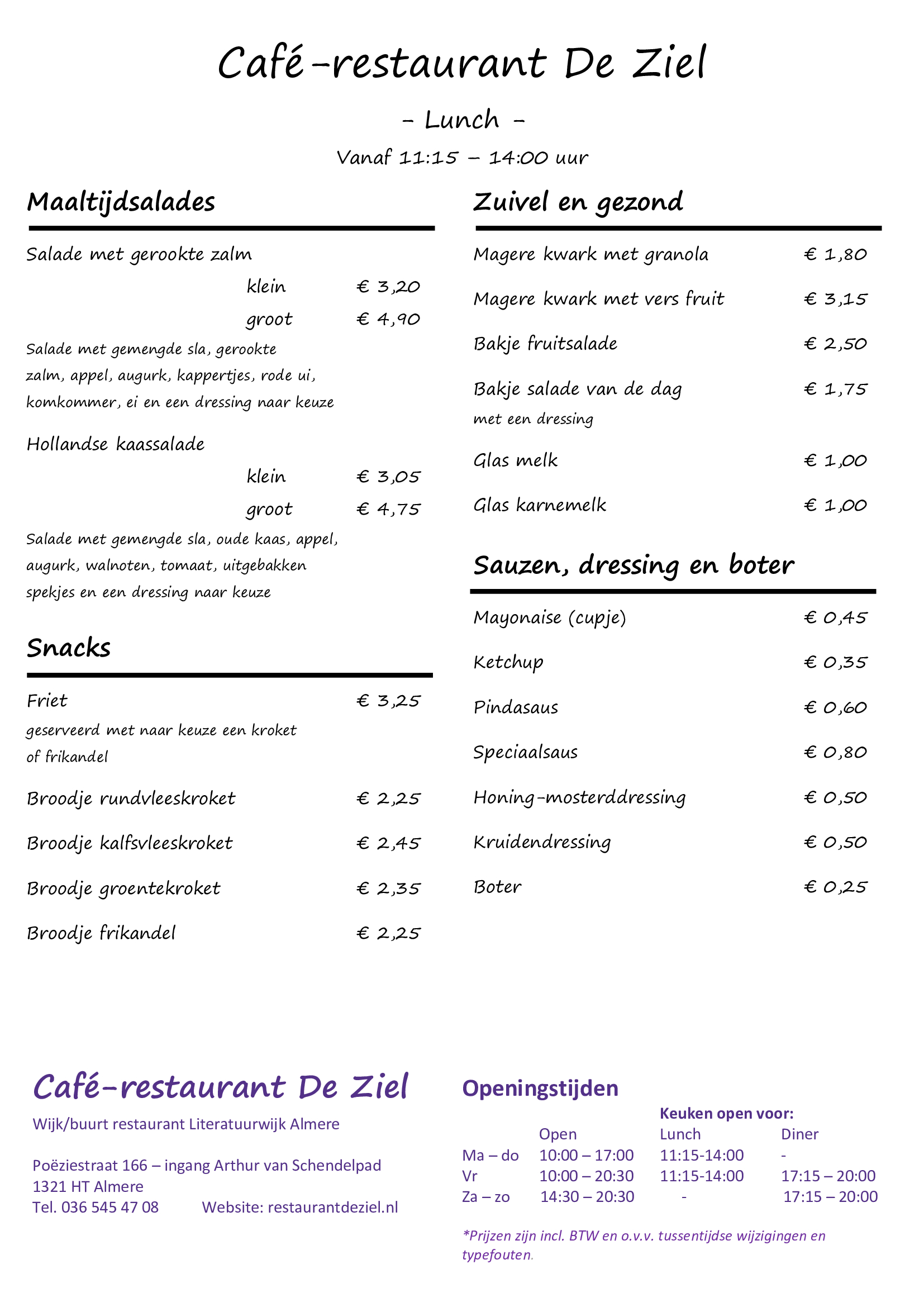 Café-restaurant De Ziel, menu, menukaart, lunch, Almere